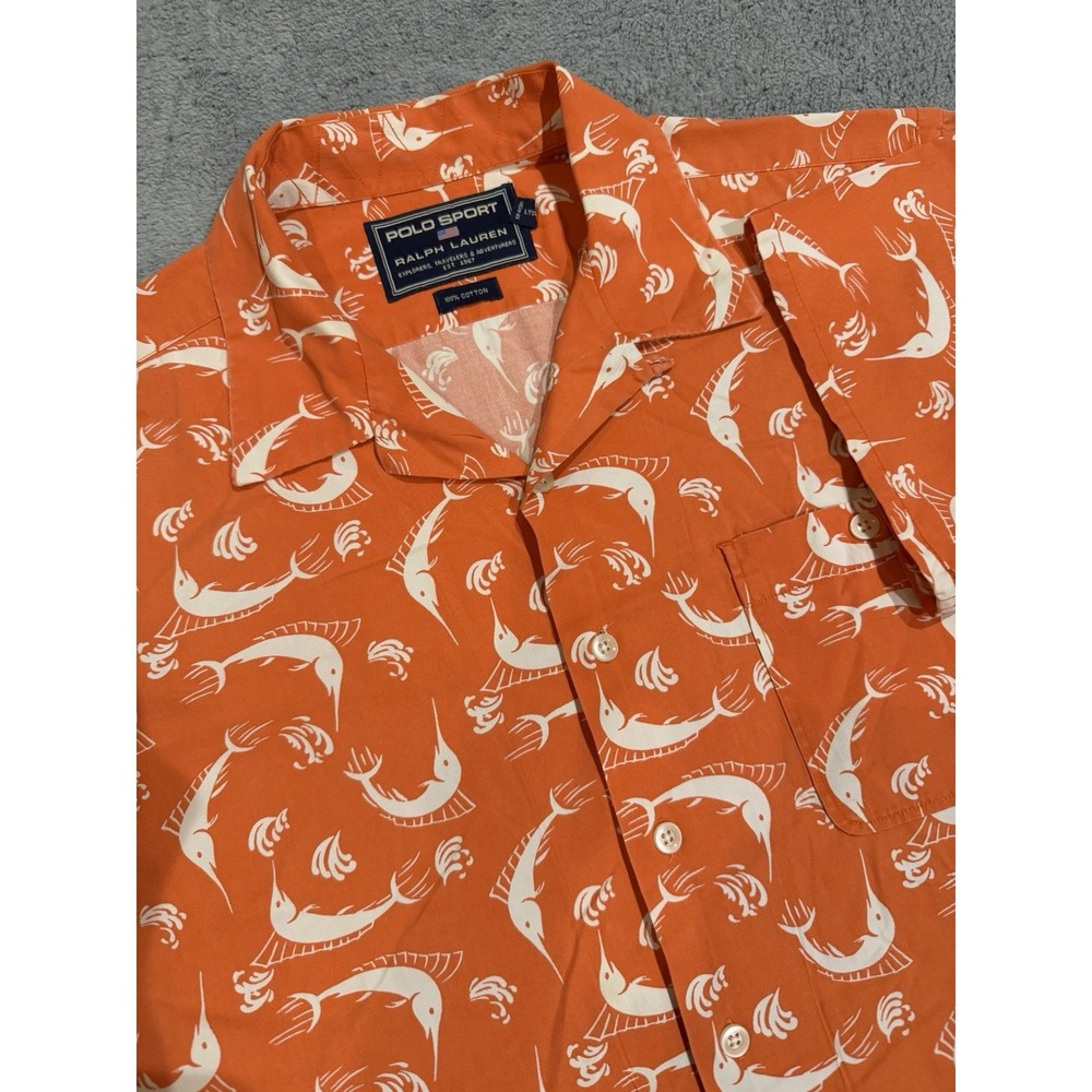 VTG Polo Ralph Lauren Sport Sailfish Button Shirt Orange Men XL Loop Collar Camp